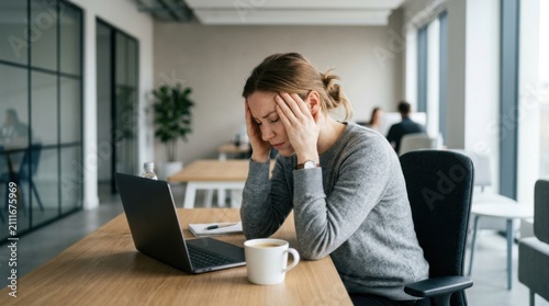 Tired Woman Working Hard On Laptop With Coffee And Headache During Business Hours