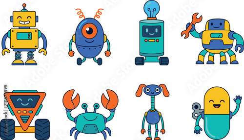 Foto Cute cartoon robot characters set with friendly alien droids, funny mechanical monsters, crab bot, and futuristic tech vectors