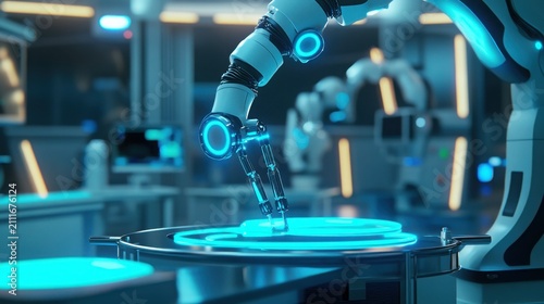Robotic arm operates on a glowing circular platform within a high-tech laboratory setting, demonstrating automated precision assembly processes for advanced industrial manufacturing and research.