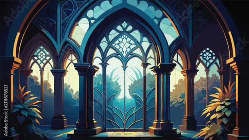 Cuadro en lienzo Gothic cathedral interior view with ornamental arches and tropical foliage gothi