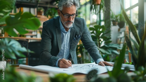 Architect reviews detailed construction drawings on a wooden desk surrounded by vibrant house plants within a sunlit conservatory office space designed for creative work and sustainable planning.