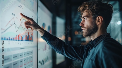 Businessman examines complex data visualizations on a large digital screen while working late inside a modern professional office environment to analyze financial performance and strategic growth.