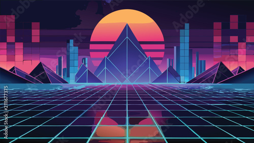 Pixel art retro cyberpunk city with large pyramid building and sunset cyberpunk synthwave retrowave pixelart futuristic landscape vaporwave eighties architecture building dystopian