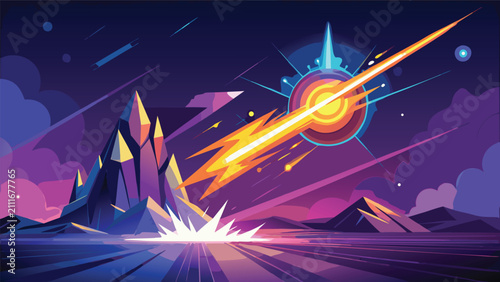 Obraz na płótnie Meteorite impact event on alien landscape illustration with science fiction spac