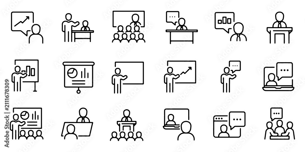 Fototapeta premium Business Presentation and Meeting Line Icons Set. Outline Editable Stroke Vector Illustration.