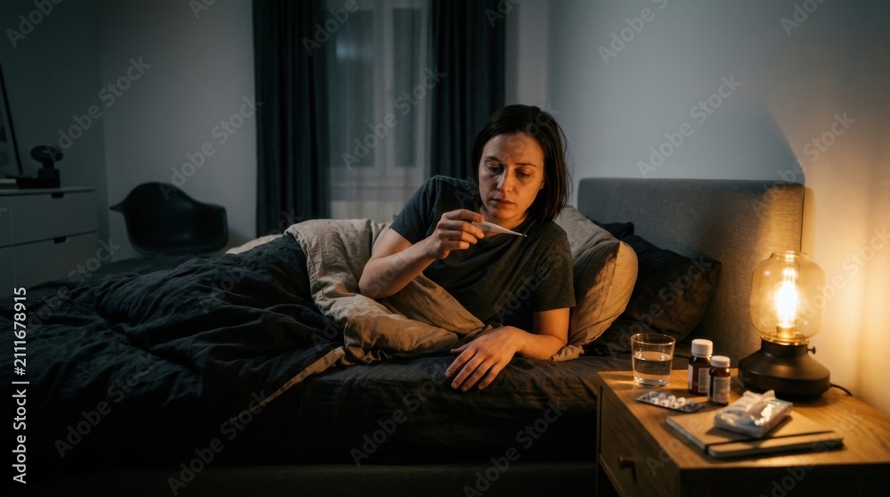 Fototapeta premium Sick Woman Checks Temperature In Bed At Night With Medicine Nearby