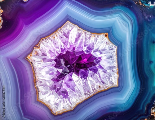 Vibrant amethyst crystal geode with concentric bands of purple, blue, and white