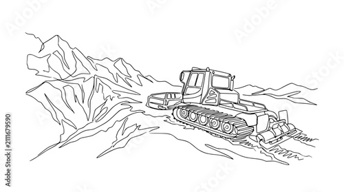 Foto Snow groomer machine on a mountain slope, line art illustration