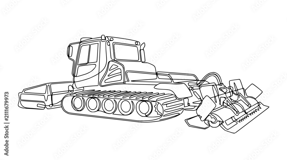 Fototapeta premium Line Art Snow Groomer Vehicle with Tracked Chassis and Snow Plow Attachment