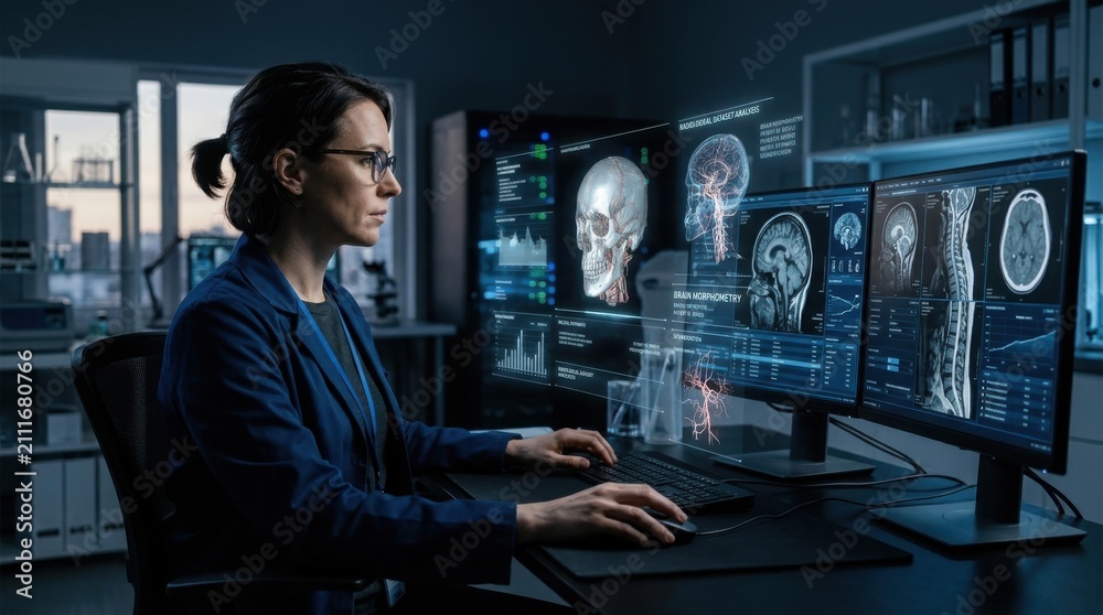Fototapeta premium Scientist Analyzing Brain Scans On Advanced Holographic Interface
