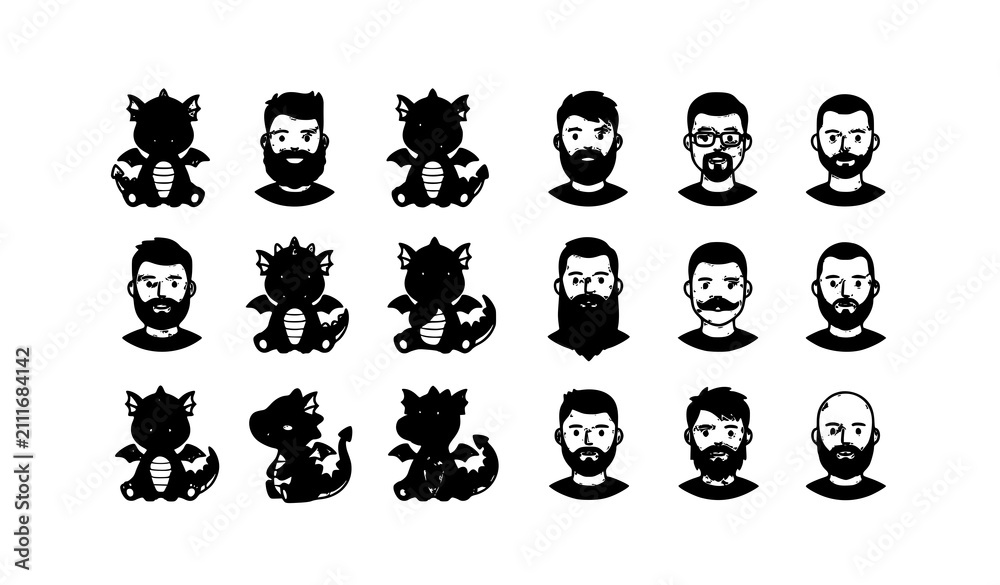 Obraz premium dragon, fantasy, cartoon, sitting, mascot, creature, reptile, wings, bearded, beard, man, male, avatar, profile, icon, flat, vector, illustration, isolated, colorful, simple, editable, modern, collect