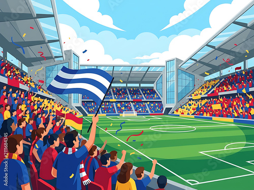 Vibrant soccer stadium illustration featuring an enthusiastic crowd waving flags during an exciting sports match celebration