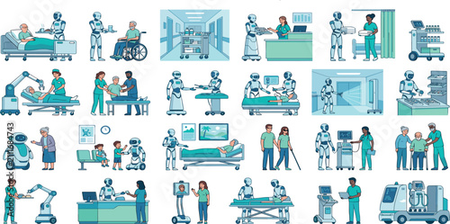 Slika na platnu Futuristic Healthcare and Hospital Automation Vector Icon Set with Smart Robots,