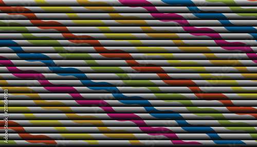 Abstract Rainbow Wave Pattern behind Gray Horizontal Geometric Slats Background