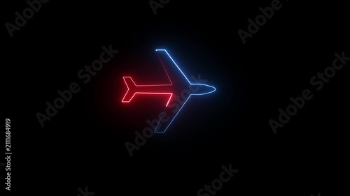Airplane icon with glowing blue and red neon light lines on a dark black background representing travel and aviation technology