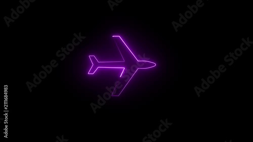 Bright purple neon airplane icon glowing on a dark black background representing modern travel and flight transportation technology for digital design and web graphics illustration