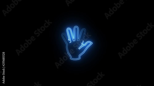Glowing blue neon hand sign showing five fingers isolated on a dark black background