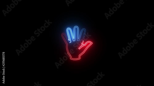 Neon glowing hand gesture sign with blue and red light lines on a dark background