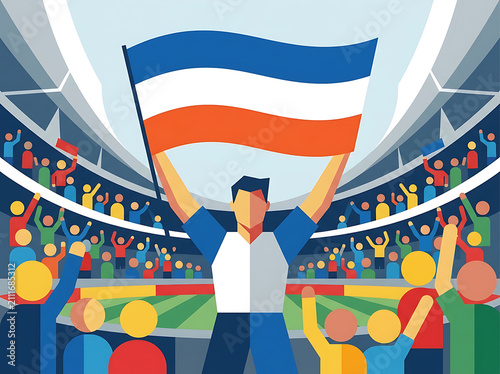 Enthusiastic Sports Fan Holding a Flag Celebrating Victory in a Crowded Stadium Arena