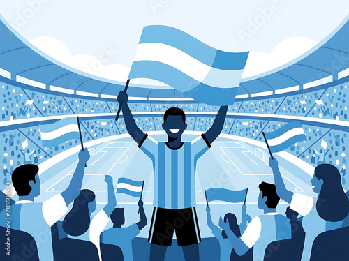 Fans celebrating victory at a soccer stadium, waving national flags and cheering in support of their team