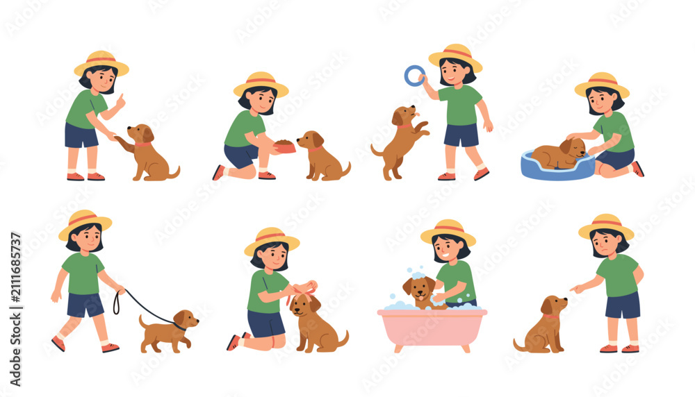 Obraz premium Cute girl taking care of puppy vector set with feeding training bathing walking playing and petting dog illustrations