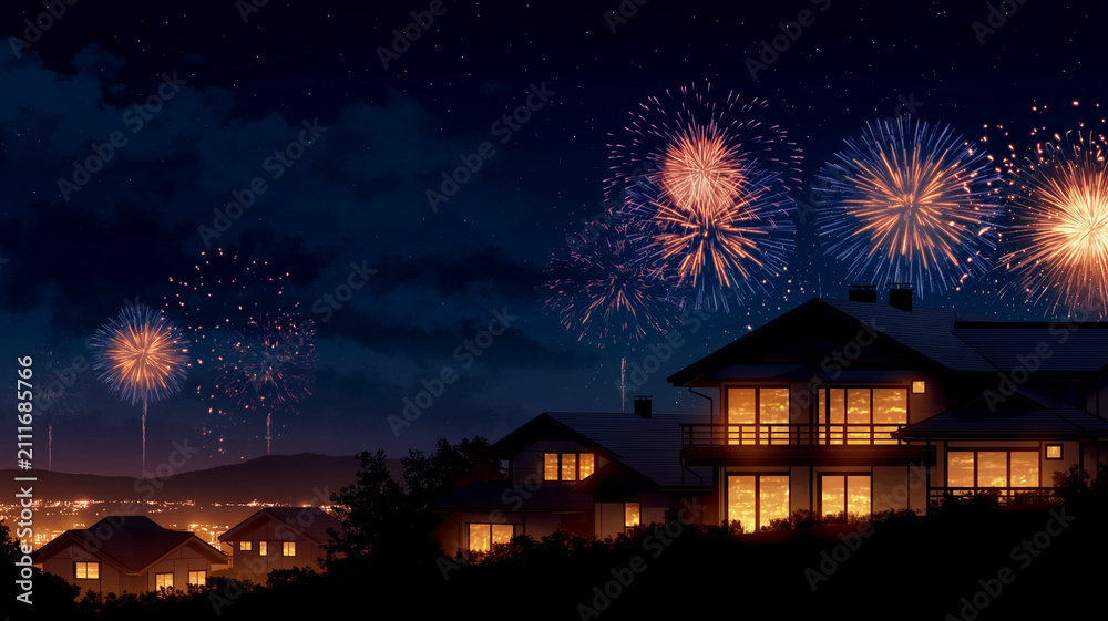 Obraz premium 窓明かりがともる古民家と夜空いっぱいの花火を描いた風景イラスト、夏祭り、花火大会、日本家屋、和風旅館、温泉街、山里、里山、田舎、伝統建築、木造建築、瓦屋根、格子窓、障子、縁側、庭木、石段、樹木、夜景、幻想的、情緒、風情、観光、旅行、帰省、夏休み、背景素材、ポスター、バナー、広告、挨拶状、ノスタルジー、夜の旅情、和風背景、地域観光、季節行事、日本文化、ふるさと、宿泊施設、温泉旅行、家族旅行、風景素材
