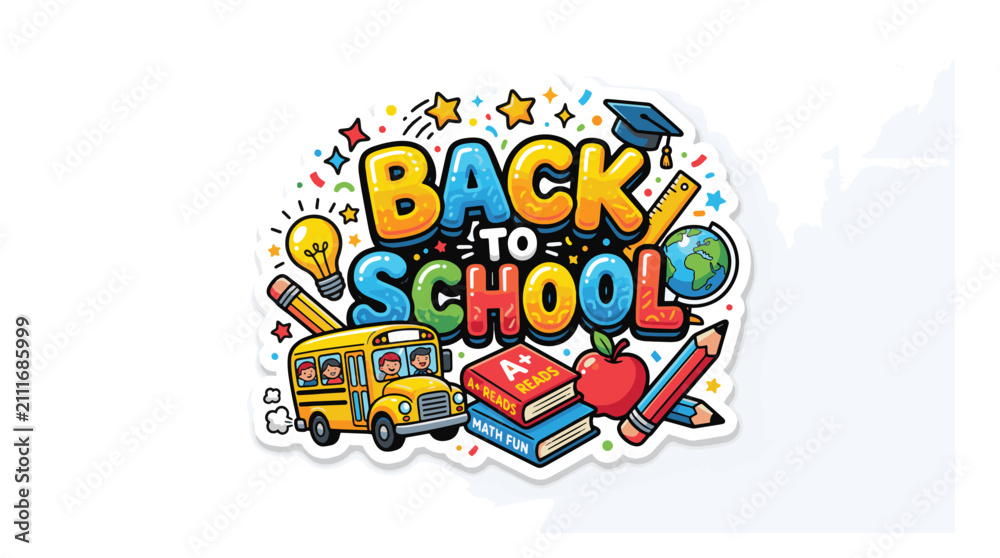 Obraz premium Vibrant back to school illustration featuring a yellow bus, books, apple, and graduation cap with colorful confetti