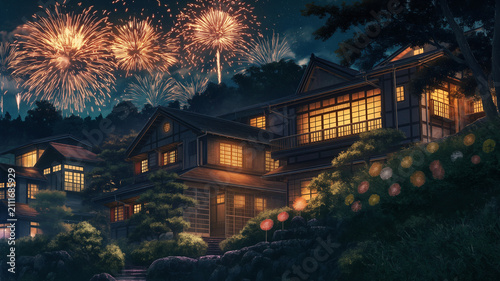 花火大会を見上げる和風建築と静かな山里の夜景イラスト、夏祭り、打ち上げ花火、日本家屋、古民家、旅館、温泉宿、田舎、里山、伝統家屋、木造建築、格子窓、障子、縁側、庭木、石段、灯り、夜空、幻想的、情緒、風情、観光地、旅行、帰省、夏休み、背景素材、ポスター、バナー、広告、挨拶状、ノスタルジー、懐かしい風景、夜の旅情、和風背景、地域観光、季節行事、日本文化、ふるさと、宿泊施設、温泉旅行、家族旅行、風景素材