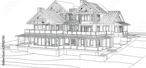 Obraz na płótnie Detailed Residential House CAD Wireframe Architectural Drawing with Modern Timbe