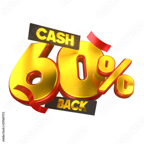 Modern 3D 60% Cashback Sale Badge with Gold Numbers, Premium Retail Reward Promotion, Glossy Shopping Advertising Motion Graphic, Seamless 4K Animation