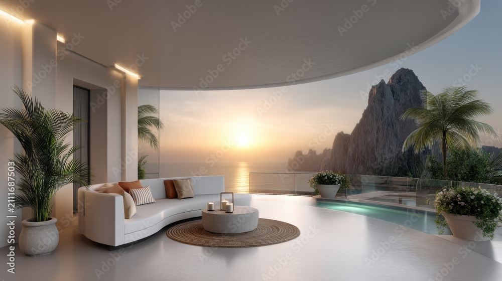 Obraz premium Modern outdoor terrace balcony with white curved sofa, round rug, potted palm, ocean view, mountain, and sunset ambiance