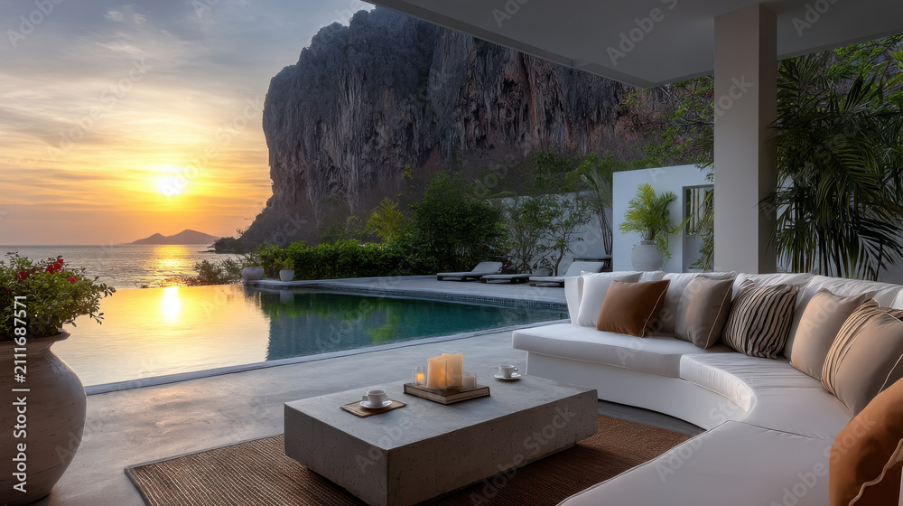 Fototapeta premium Modern outdoor terrace with white sofa, infinity pool, mountain view, tropical plants, and sunset sky creates tranquil, luxurious atmosphere