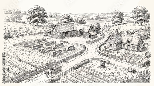 Fotografie Hand-Drawn Illustration of a Traditional Rural Farm Landscape with Houses, Barns