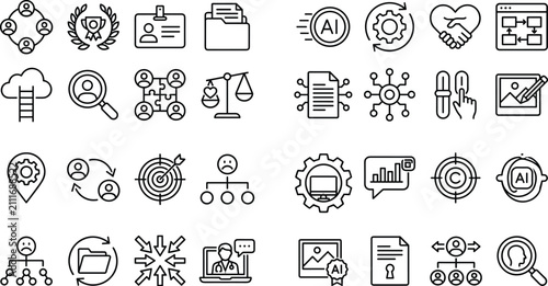 Artificial intelligence and corporate business management line icon set featuring human resources, digital technology, target marketing, database analytics, strategic networking symbols.