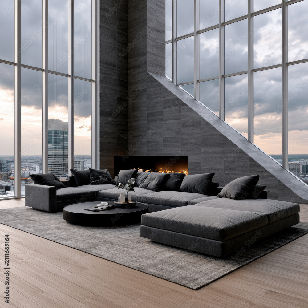 Obraz premium Modern wood architectural penthouse with panoramic city view, large windows, cozy fireplace, and elegant gray sectional sofa interior