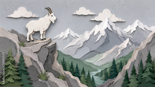 Paper craft mountain landscape with a mountain goat on a cliff