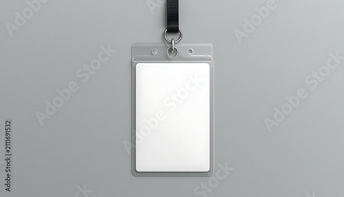 Blank vertical id card holder with black lanyard isolated on grey background, plastic badge mockup for corporate identity or event pass