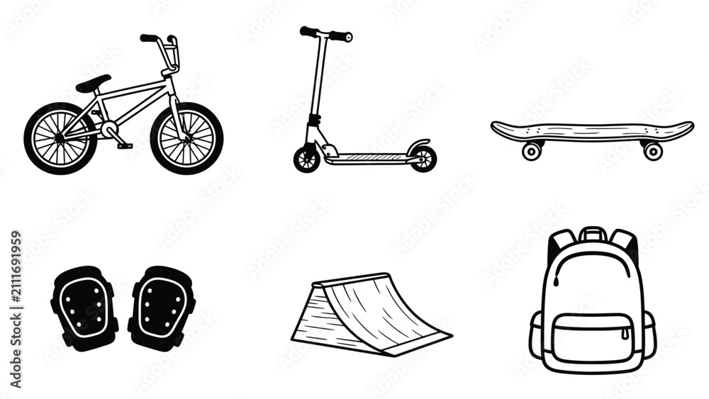 Obraz premium Collection of extreme sports equipment and accessories, including a BMX bike, scooter, skateboard, ramp, protective gear, and backpack, presented in a clean line art style.