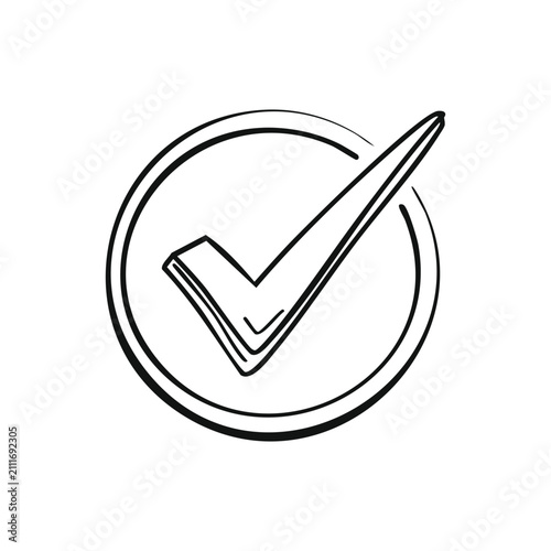 Hand drawn check mark inside circle button icon isolated on white background, sketch style confirm vector
