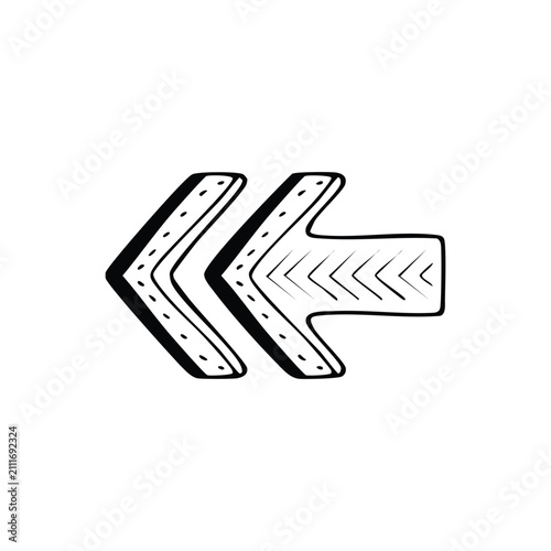 Hand drawn left double arrow vector illustration isolated on white background, sketch style rewind icon