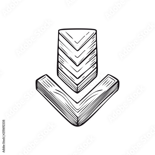 Hand drawn down arrow vector illustration isolated on white background, sketch style download icon