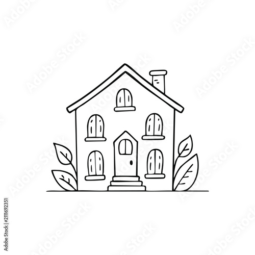 Hand drawn black outline eco house vector illustration isolated on white background, line art home icon
