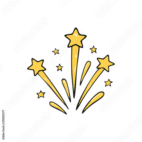 Hand drawn yellow fireworks burst vector illustration isolated on white background, sketch style shooting stars icon