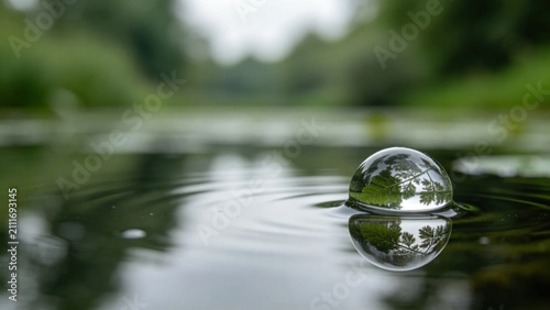 Glistening dew bead reflecting leaf detail above mirror-like