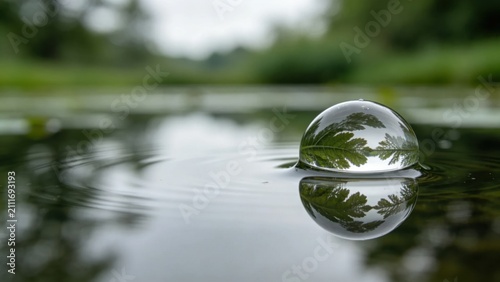 Glistening dew bead reflecting leaf detail above mirror-like