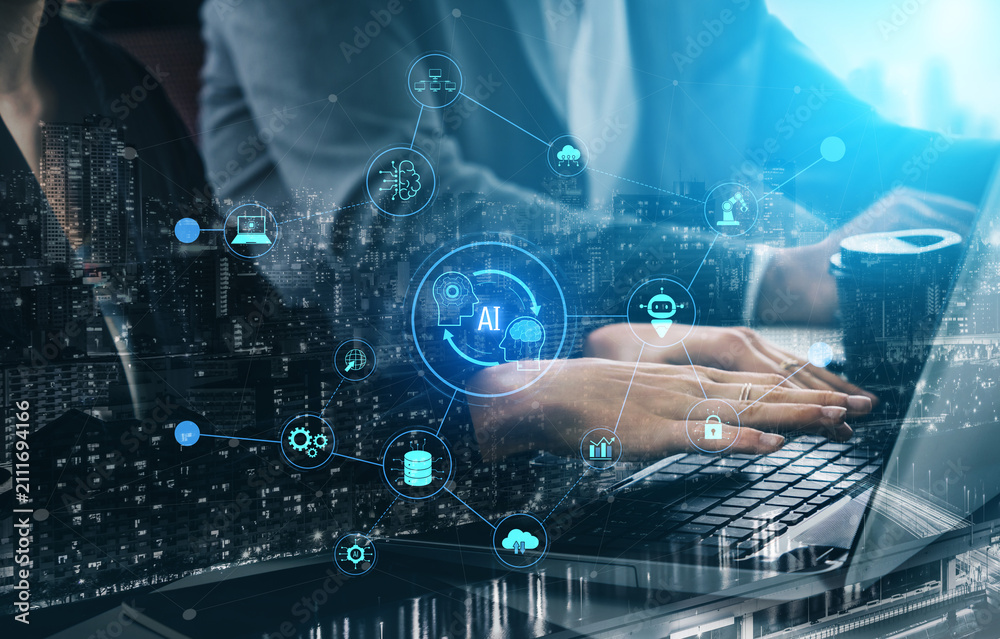 Fototapeta premium AI collaboration enhances connected intelligence through robotics, data, and cloud. AI collaboration enables learning, AI collaboration powers systems, and AI collaboration drives automation. Vouch