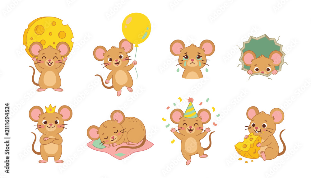 Fototapeta premium Cute mouse character vector set with funny cartoon mice holding cheese balloon sleeping and celebrating with party hat