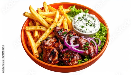 Grilled meat, fries, sauce, and red onion slices in an orange bowl