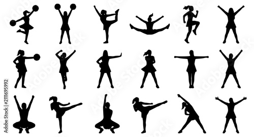 Obraz na płótnie Sport Cheerleader Silhouettes with Pom Poms in Expressive Performance Poses Vect