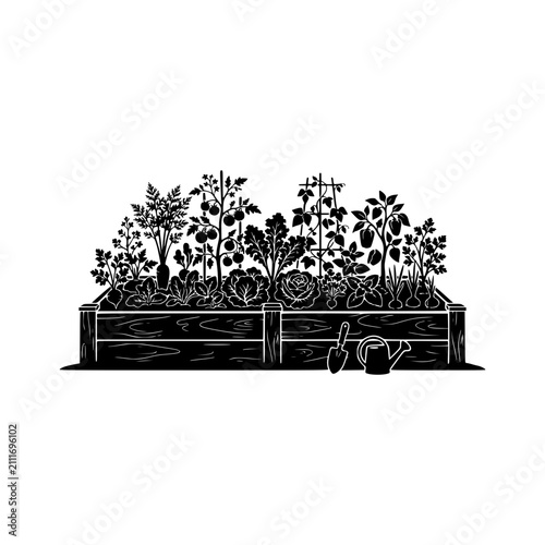 Wooden raised garden bed vegetable plants silhouette illustration